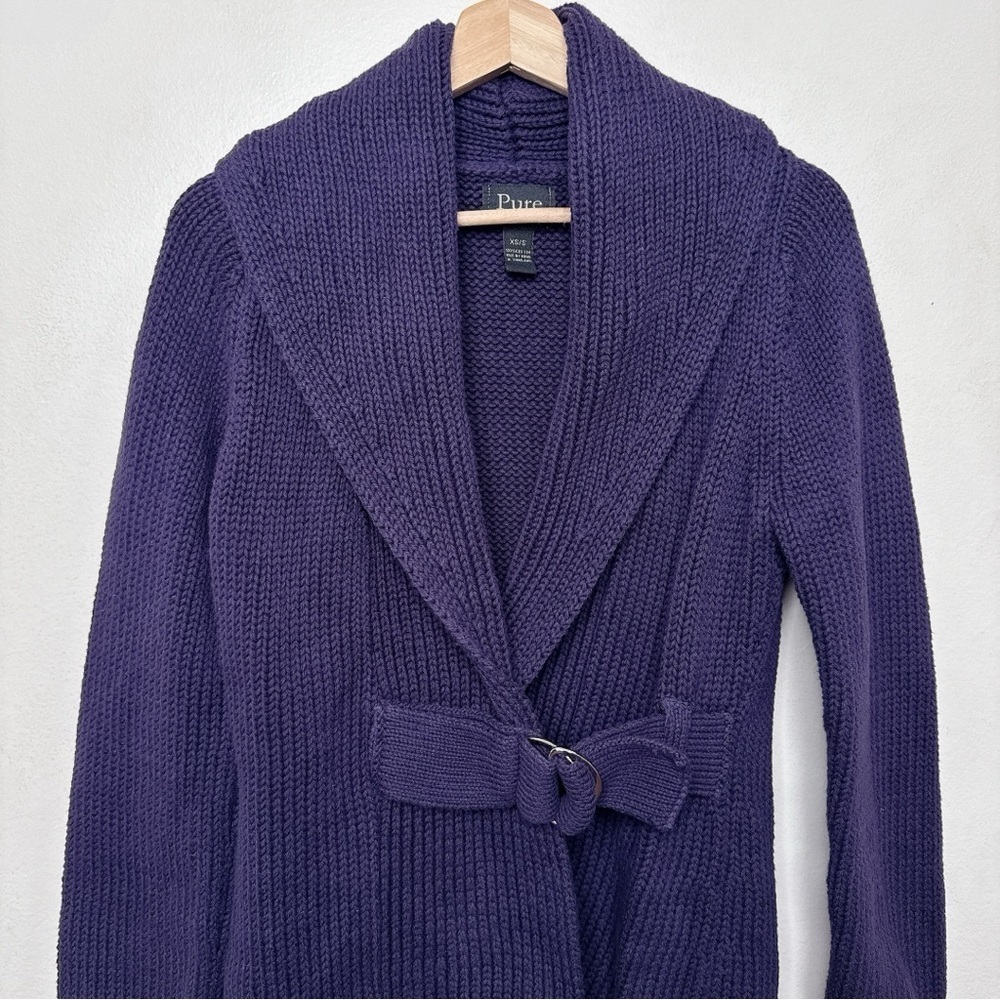 Pure Handknit womens Xsmall/Small Chunky Purple Belt Buckle Cardigan - Picture 4 of 14